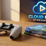 Stik konsol game tergeletak di samping kaset game fisik dengan latar belakang logo streaming cloud gaming