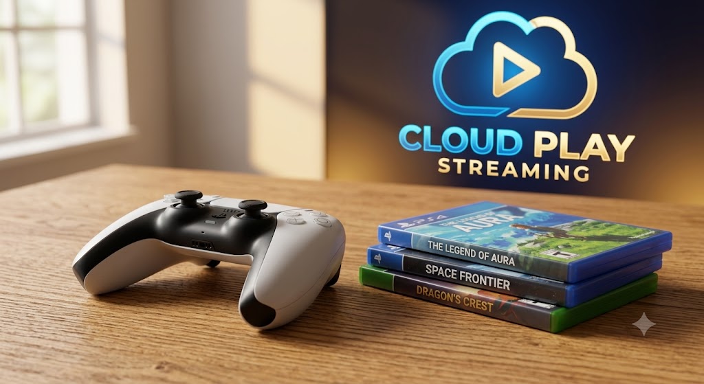 Stik konsol game tergeletak di samping kaset game fisik dengan latar belakang logo streaming cloud gaming